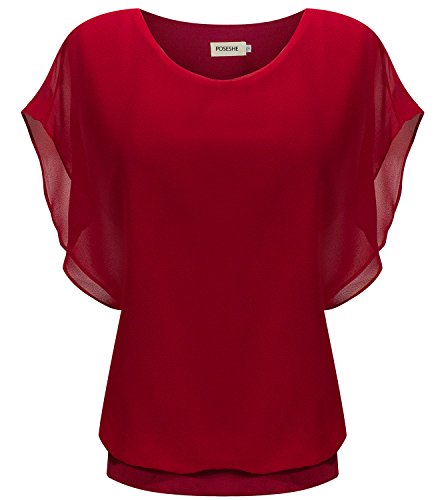 POSESHE Women's Loose Casual Short Sleeve Chiffon Top T-shirt Blouse