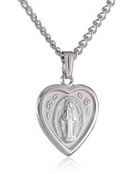 Sterling Silver Petite Heart-Shaped Miraculous Medal with Stainless Steel Chain, 18"