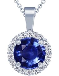 14K White Gold Round Cut Blue Sapphire And Round Diamond Pendant