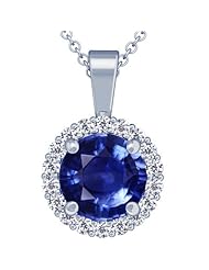 18K White Gold Round Cut Blue Sapphire And Round Diamond Pendant