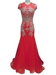 Open-Back Applique Lace High-Neck Cap Sleeves Floor Length Chiffon Natural   Waistline Mermaid Prom Dress 