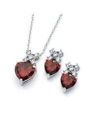 Rhodium Plated 925 Sterling Silver Heart Cut Prong Set Ruby Cubic Zirconia CZ Designer Earrings and Necklace Set