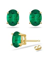 0.80 Cts of 6x4 mm AAA Oval Russian Lab Created Emerald Stud Earrings in 14K Yellow Gold