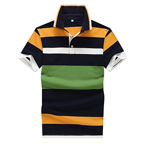 Yete Men's Collared Button Striped Polo Short-Sleeve Plain Shirt