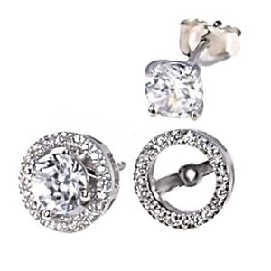Sterling Silver Removeable 10mm Halo Earring Jacket with 6mm Russian Ice on Fire Diamond CZ Gemstone Cast Basket Stud Earring Set, Kristina, 1.70 carats