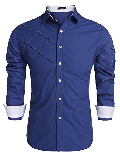 Coofandy Men's Fashion Slim Fit Dress Shirt Long Sleeve Casual Shirts Blue Large