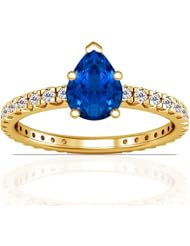 14K Yellow Gold Pear Cut Blue Sapphire Ring With Sidestones