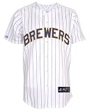 MLB Youth Milwaukee Brewers White/Ryl Pinstrp Short Sleeve 6 Button Synthetic Replica Baseball Jersey Spring 2011  (White/Ryl Pinstrp, Medium)