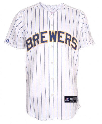 MLB Youth Milwaukee Brewers White/Ryl Pinstrp Short Sleeve 6 Button Synthetic Replica Baseball Jersey Spring 2011  (White/Ryl Pinstrp, Medium)