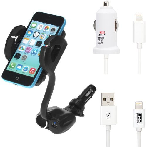 EZOPower White Apple Certified Lightning 8-Pin Car Charger & 3 Feet USB Cable + Cigarette Socket Mount Holder Car Kit for Apple iPhone 5S / 5C / 5, iPod Touch 5