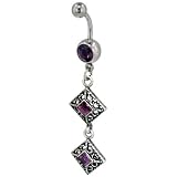 Purple Crystal With Square Filigree Dangle Belly Ring