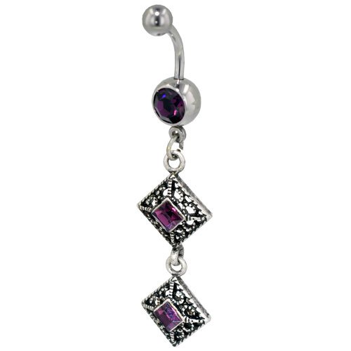 Purple Crystal With Square Filigree Dangle Belly Ring