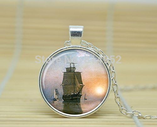 VintaStore Art Glass Necklace Old Sailing Ship Necklace Vintage Sail Ship Pendant Nautical Jewelry Glass A1729