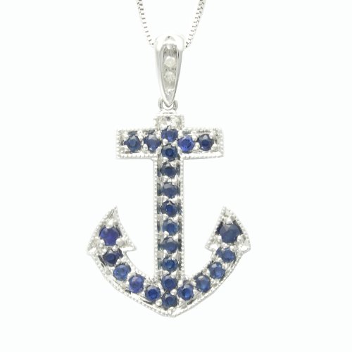 10k White Gold Round Shaped Sapphire and Diamond Anchor Pendant (0.01 cttw, I-J Color, I1-I2 Clarity), 18\