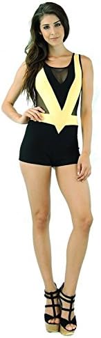 Janestore Fashion Style Creek Lady Mesh Inset sheer chest &amp; waist shorts bodysuit 10765