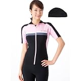 (ルモード）lemodeフィットネス水着 日本製110 キャップ付 ジッパー調整で襟 半袖セパレート フロントジッパー レディース女性用(ブラック＆ピンク, 7S)