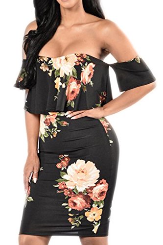 Pretid Sexy Women Floral Off Shoulder Ruffle Plain Stretch Bodycon Midi Dress