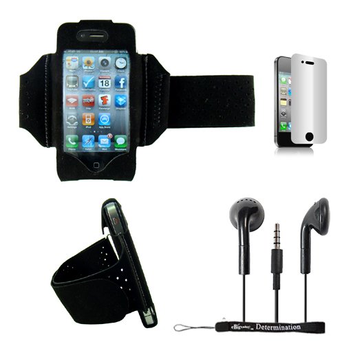Extreme Sports Exercise Stretchy Black Armband with 8 Secure Adjustable Sizes from 11 inches up to 19 for Apple iPhone 4 , 4th Generation, 4th Gen compatible with 16GB / 32GB - HD Print + Includes a eBigValue (TM) Determination Hand Strap+ Includes a Privacy Mirror Screen protector for your iPhone 4 + Includes a Crystal Clear High Quality HD Noise Filter Earbuds Earphones Headphones 3.5mm Jack