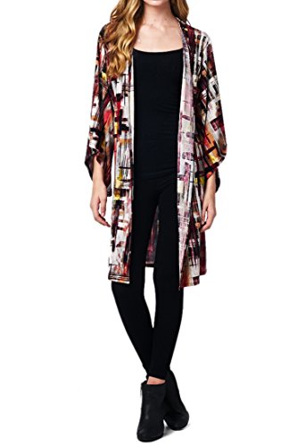82 Days Women'S Poly Span Open Front Kimono Style Long Cardigan - Print