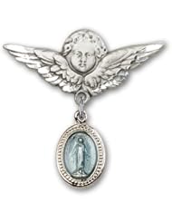 Sterling Silver Baby Badge with Blue Miraculous Charm and Angel with Wings Badge Pin
