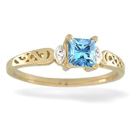 14K Yellow Gold Genuine Square Blue Topaz and Diamond Filligree Ring by Blue-Topaz Jewelry