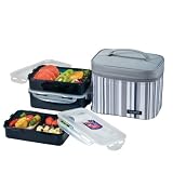 Lock & Lock Rectangular Lunch Box 3-Piece Set with Insulated Gray Stripe Bag