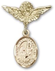 14K Gold Baby Badge with St. Mary Magdalene Charm and Angel with Wings Badge Pin