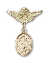 Gold Filled Baby Badge with St. Mary Magdalene Charm and Angel with Wings Badge Pin