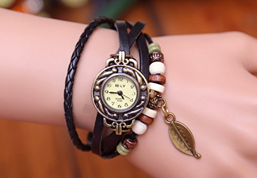 BeautyLife Weave Wrap Around Leather Bracelet Lady Woman Wrist Watch (Black Leaf)