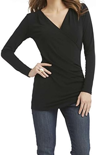 Lolichy Women's Black Long-Sleeve Cotton Wrap Tunic Top Shirts L