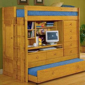 Tradewins Mountain River Wood Twin over Twin Computer Loft Bunk Bed With Storage Drawers and Trundle in Honey Pine Finish