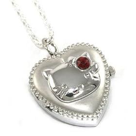 Cute Kitty Heart Locket Necklace Watch w/ red crystal accent on 23'' chain