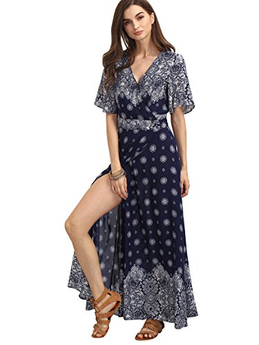 Floerns Women's Bohemian Short Sleeve Vintage Print Split Wrap Maxi Dress