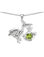 Original Star K (tm) New Baby Stork Mother Pendant with Genuine Heart Peridot in 925 Sterling Silver