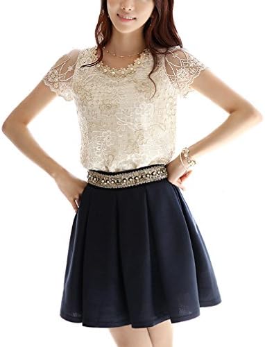 Walume Womens Short Sleeves Flowers Lace Pearl Neck Chiffon Mini Tops Tee Blouse X-Large Beige