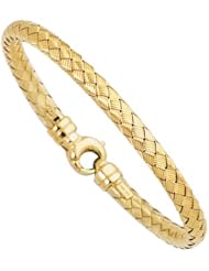 7.25" 14K Yellow Gold 6.0mm (1/4") Diamond Cut Flat Round Tube Goldenweaved Design Fancy Bangle Bracelet w/ Round Fancy Clasp