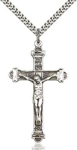 Bliss Manufacturing Large Detailed Men's .925 Sterling Silver Crucifix Cross Medal Pendant 1 7/8 x 1 Inches with a Stainless Silver Heavy Curb Chain Neckace and a Black Velvet Box