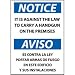 Bilingual Vinyl Sign - Notice It Is Against The Law To Carry Handgun On Premises