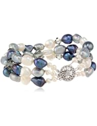 3 Row Gold Tone Baroque Freshwater Cultured Pearl Swarovski Element Bicone Bead and Gold over Silver Clasp Bracelet, 7.5"
