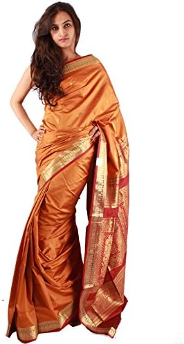 Traditional Casual Wear Orange Saree Zari Work Indian Art Silk Sari