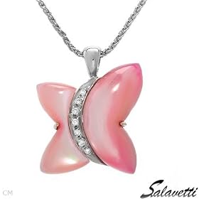 Salavetti! Made in Italy Luxurious Brand New Pave Hand Set Necklace Clean Diamonds and Mother of Pearls Made of 18K White Gold