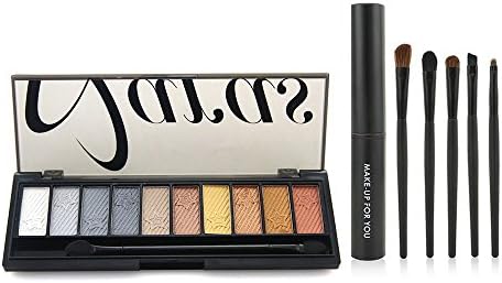 10 Colors Shimmer Longlasting and Waterproof Eyeshadow Palette with 5pcs Coffee Foundation Eyeshadow Powder Eyebrow Eyeliner Makeup Brushes Set