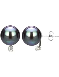 14k White Gold .06ctw SI3-I1/G-H Diamond 8-9mm Perfect Round Black South Sea Tahitian Pearl High Luster Stud Earring.