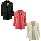 Dena New Womens Open Front TurnUp Sleeve Ruched Pocket Ladies Blazer Jacket Coat