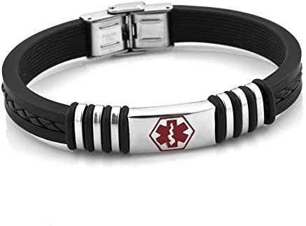 Mens Legend Stainless Steel Medical Alert ID Bracelet Diabetes Epilepsy Emergency Care Health Rubber (Silver)
