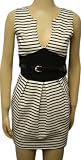 New Ladies Black Cream Stripe Fitted Belt Dress Womens V Neck Sleeveless Sizes 8 - 14
