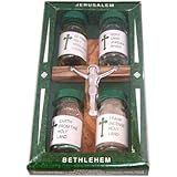 Olive Wood Cross Set with 4 Bottles - Anotinting Oil, Jordan river Water, Holy Earth and Incense