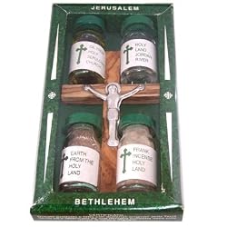 Olive Wood Cross Set with 3 Bottles - Oil, Jordan Water & Holy Earth