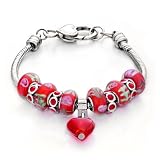 Heart Dangle Red Flower Murano Glass Beads And Charms Bracelet Pandora Charms Chamilia Beads Compatible Valentines Day Jewelry