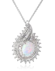 Sterling Silver Created Opal and Created White Sapphire Pendant Necklace 18"